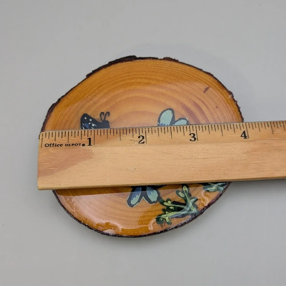Hand Painted‎ Wood Slice Coasters Set of 4 Floral Butterfly Live Edge Rustic Art